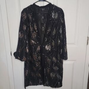 Misook Sequin Mesh Duster Black Gold Elegant Jacket